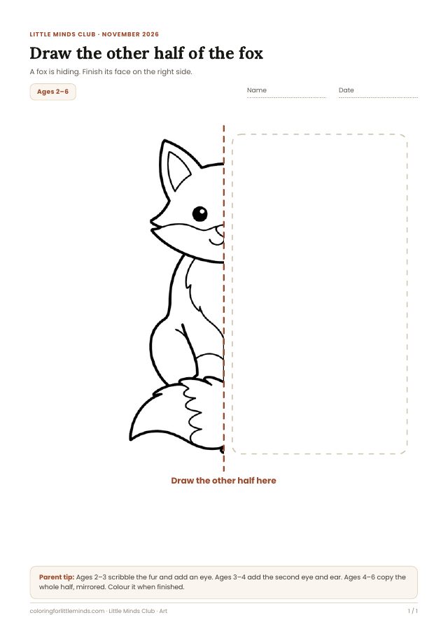 Art page for ages 3–4: Draw the rest of the fox