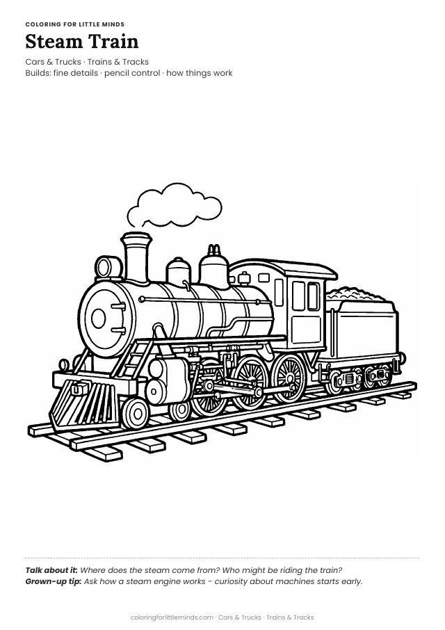 Coloring page for ages 5–6: Steam train