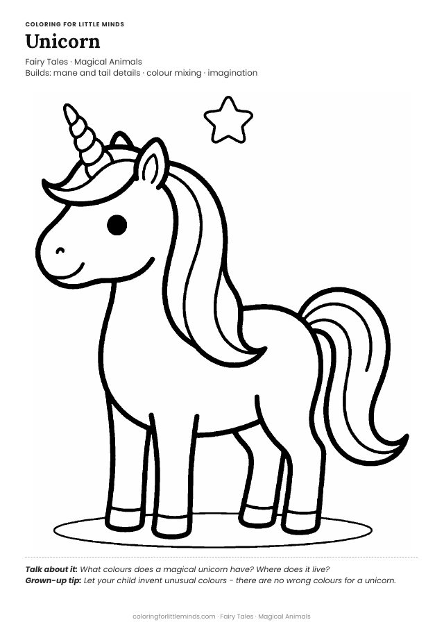 Coloring page for ages 3–4: Unicorn