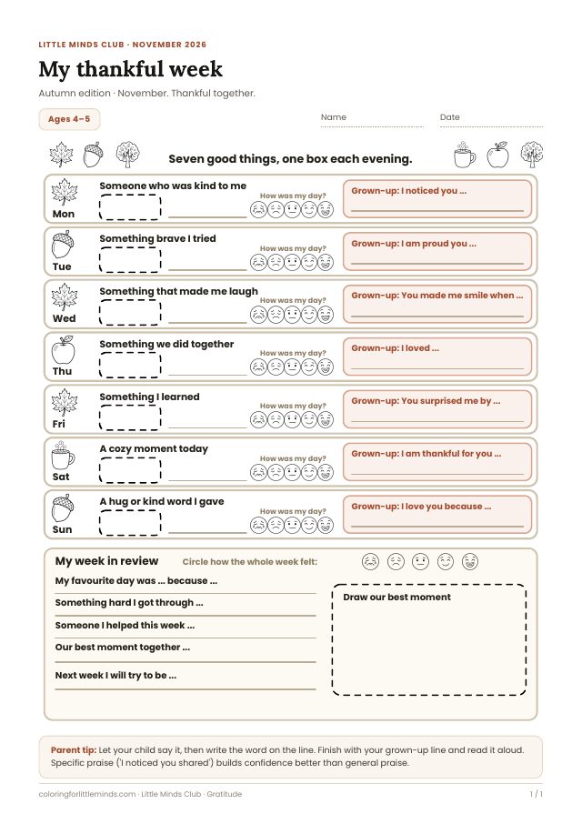 Worksheet page for ages 4–5: 7-day gratitude journal