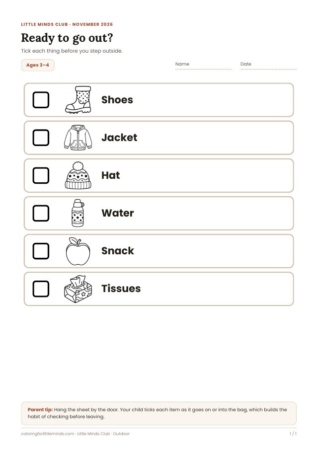 Worksheet page for ages 3–4: Ready to go out