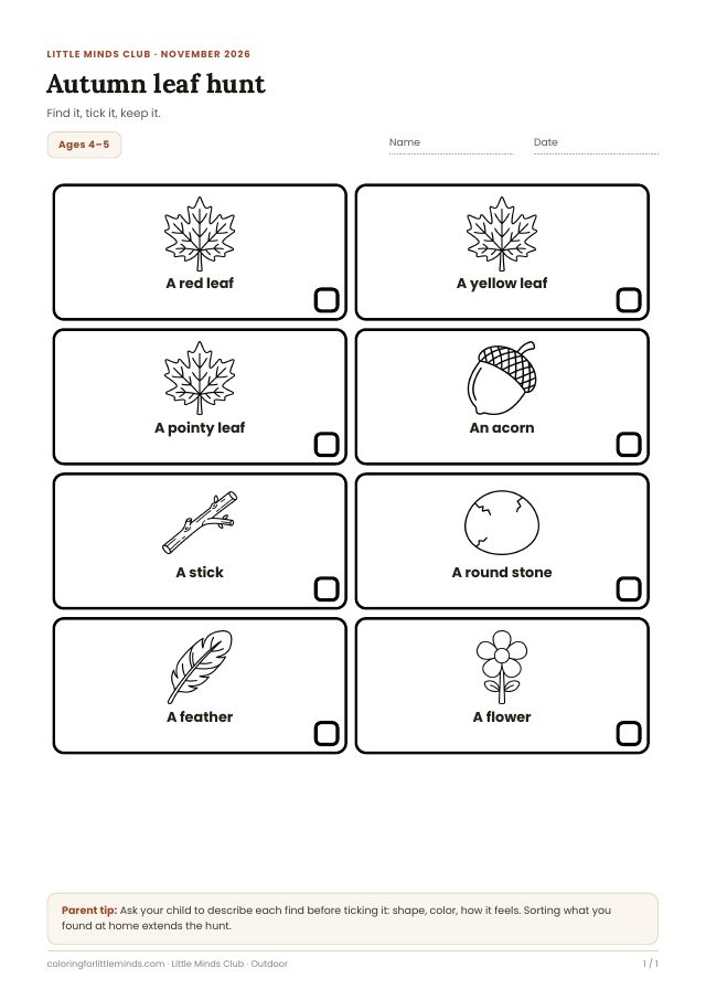 Worksheet page for ages 4–5: Leaf hunt