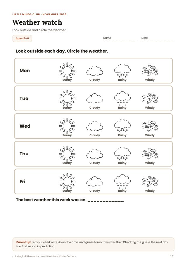 Worksheet page for ages 5–6: Weather watch