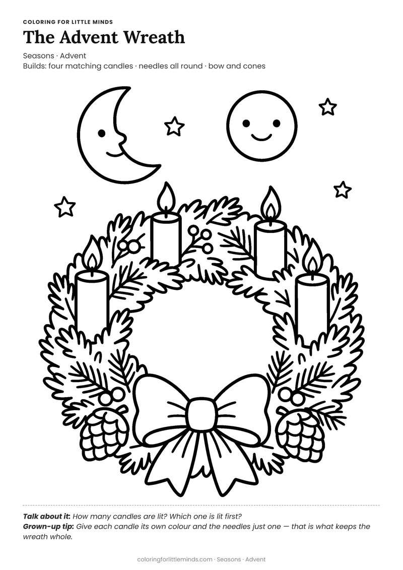 Advent wreath coloring page for ages 4–5 — free full-size printable PDF