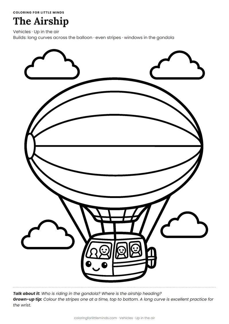 Airship coloring page for ages 5–6 — free full-size printable PDF