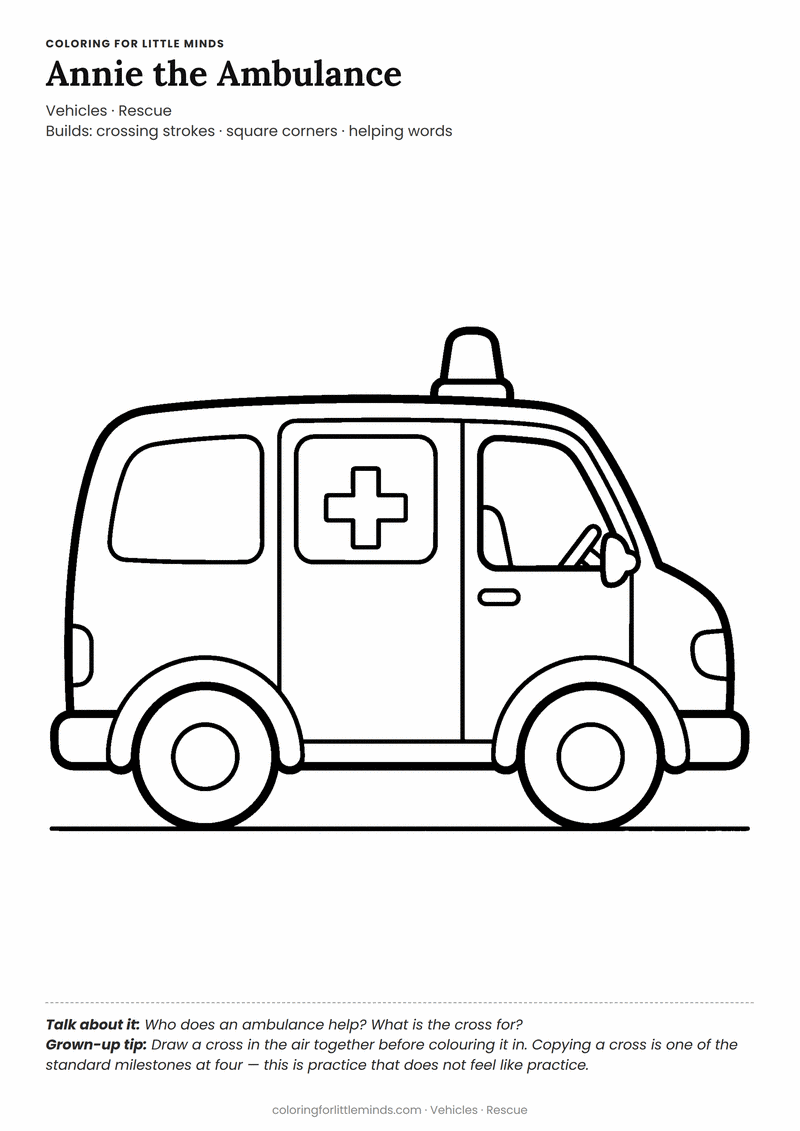 Ambulance coloring page for ages 3–4 — free printable preview