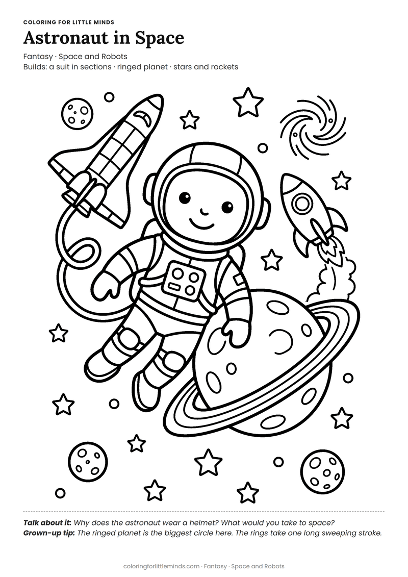 Astronaut coloring page for ages 5–6 — free full-size printable PDF