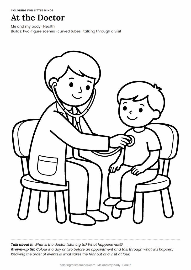 At the doctor coloring page for ages 4–5 — free printable preview