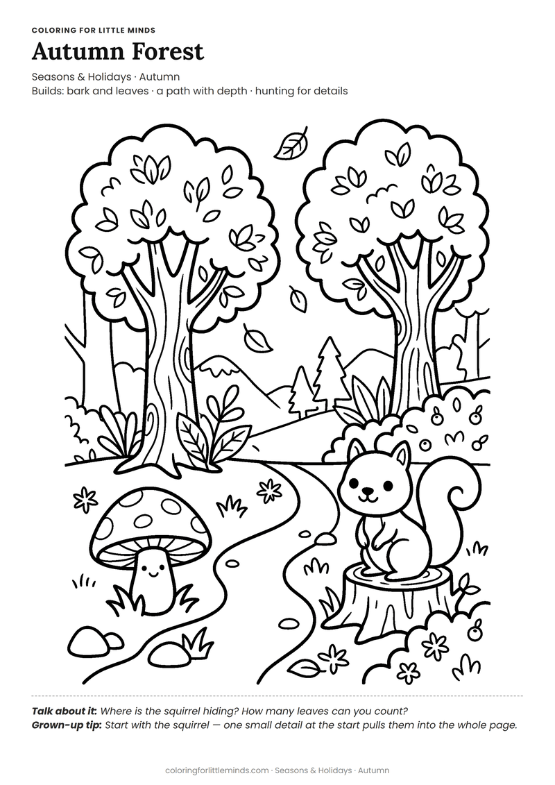 Autumn forest coloring page for ages 5–6 — free full-size printable PDF