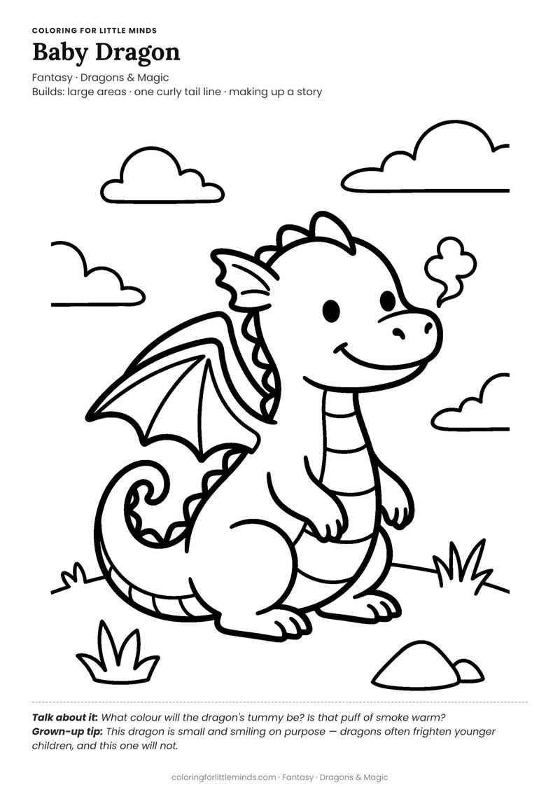 Baby dragon coloring page for ages 4–5 — free full-size printable PDF