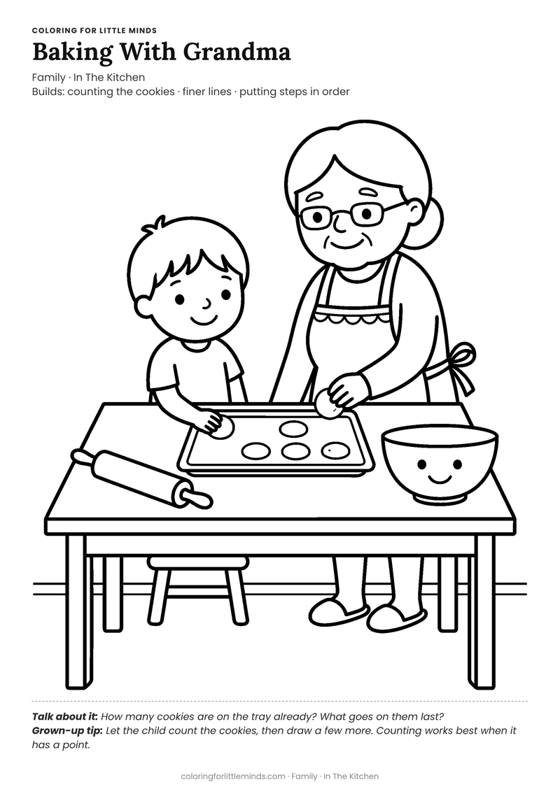 Baking coloring page for ages 5–6 — free full-size printable PDF