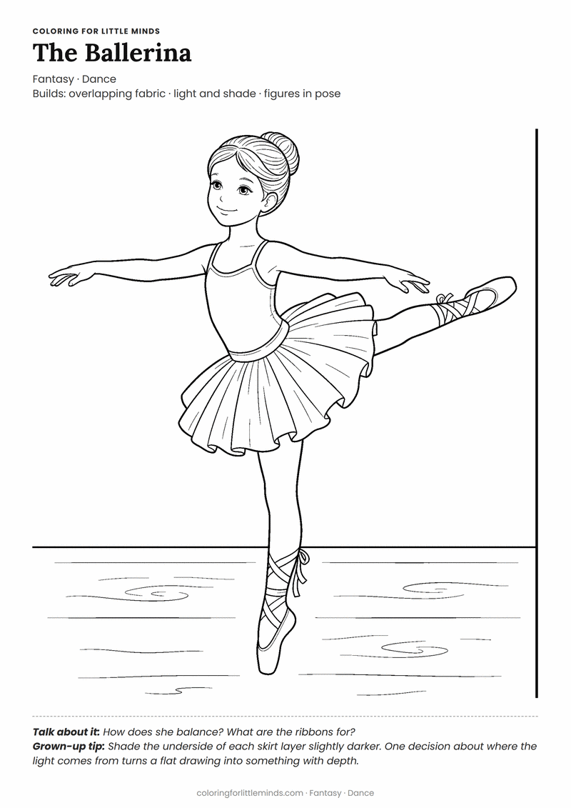 Ballerina coloring page for ages 6–8 — free printable preview