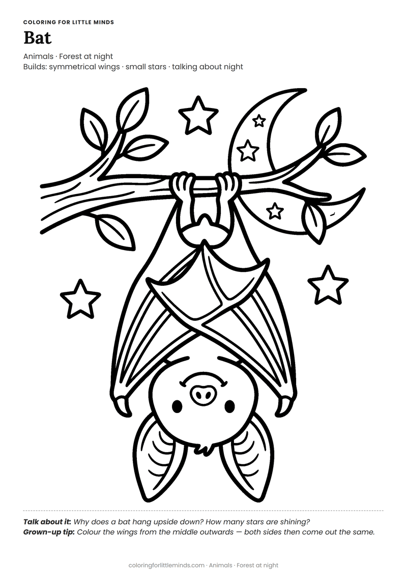 Bat coloring page for ages 5–6 — free full-size printable PDF