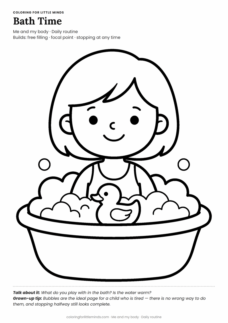 Bath time coloring page for ages 3–4 — free printable preview