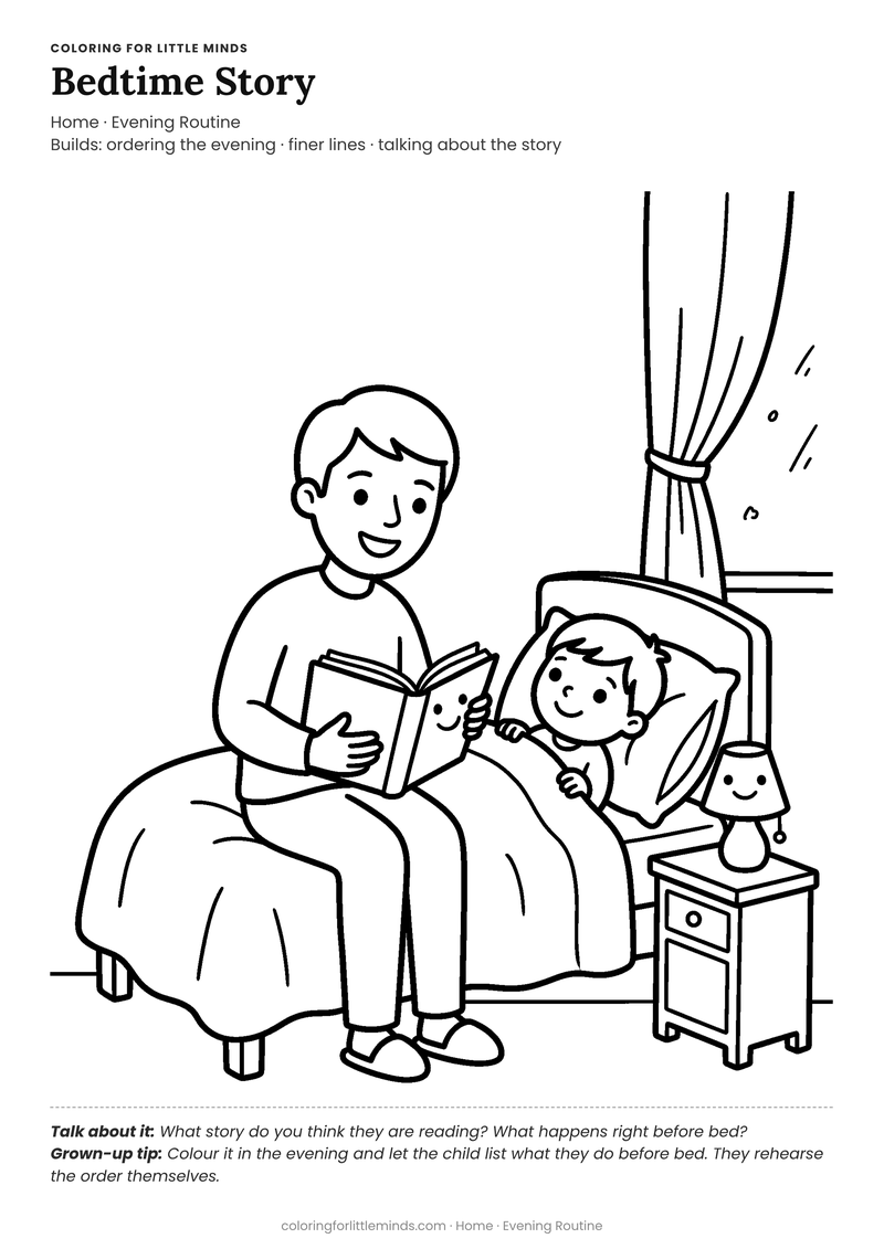 Bedtime coloring page for ages 5–6 — free full-size printable PDF