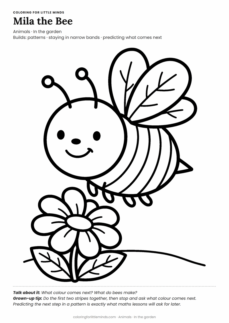 Bee coloring page for ages 3–4 — free printable preview