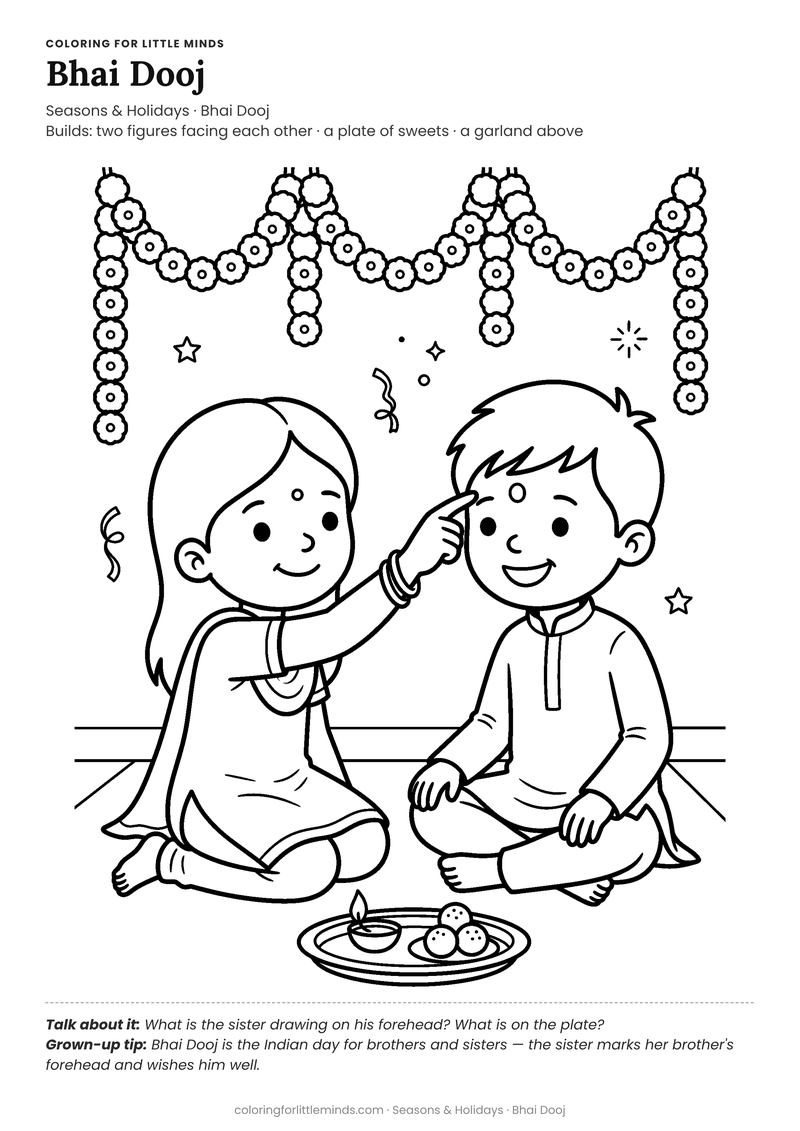 Bhai dooj coloring page for ages 5–6 — free full-size printable PDF