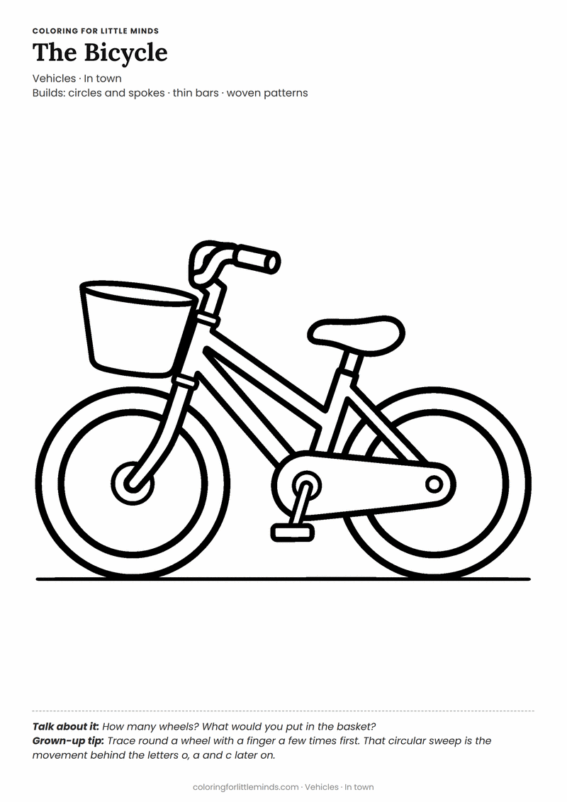 Bicycle coloring page for ages 3–4 — free printable preview