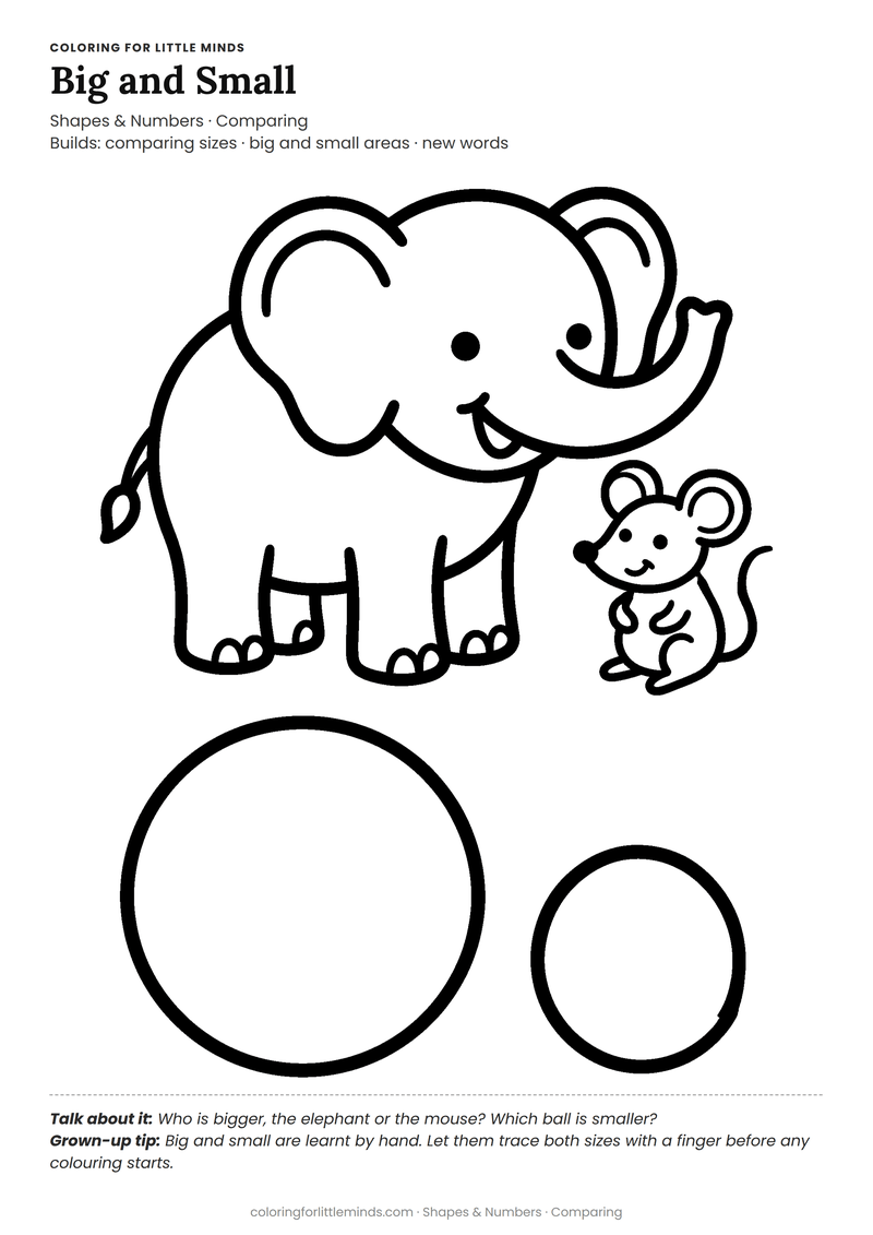 Big and small coloring page for ages 3–4 — free full-size printable PDF