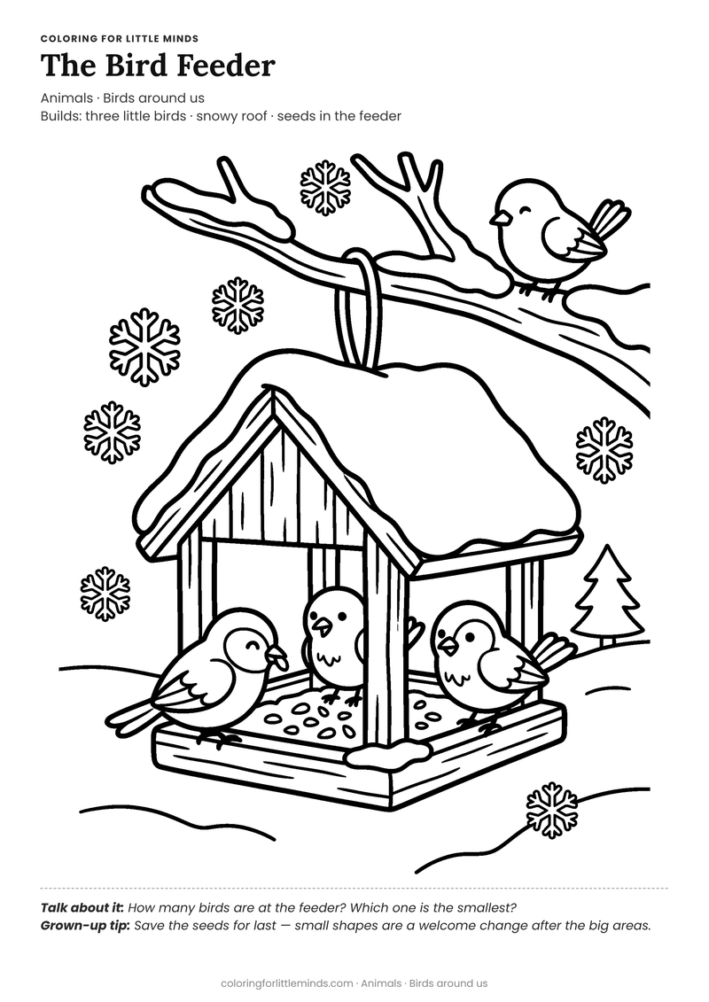 Bird feeder coloring page for ages 4–5 — free full-size printable PDF