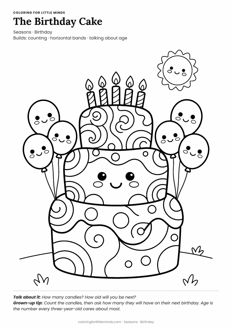 Birthday cake coloring page for ages 3–4 — free printable preview