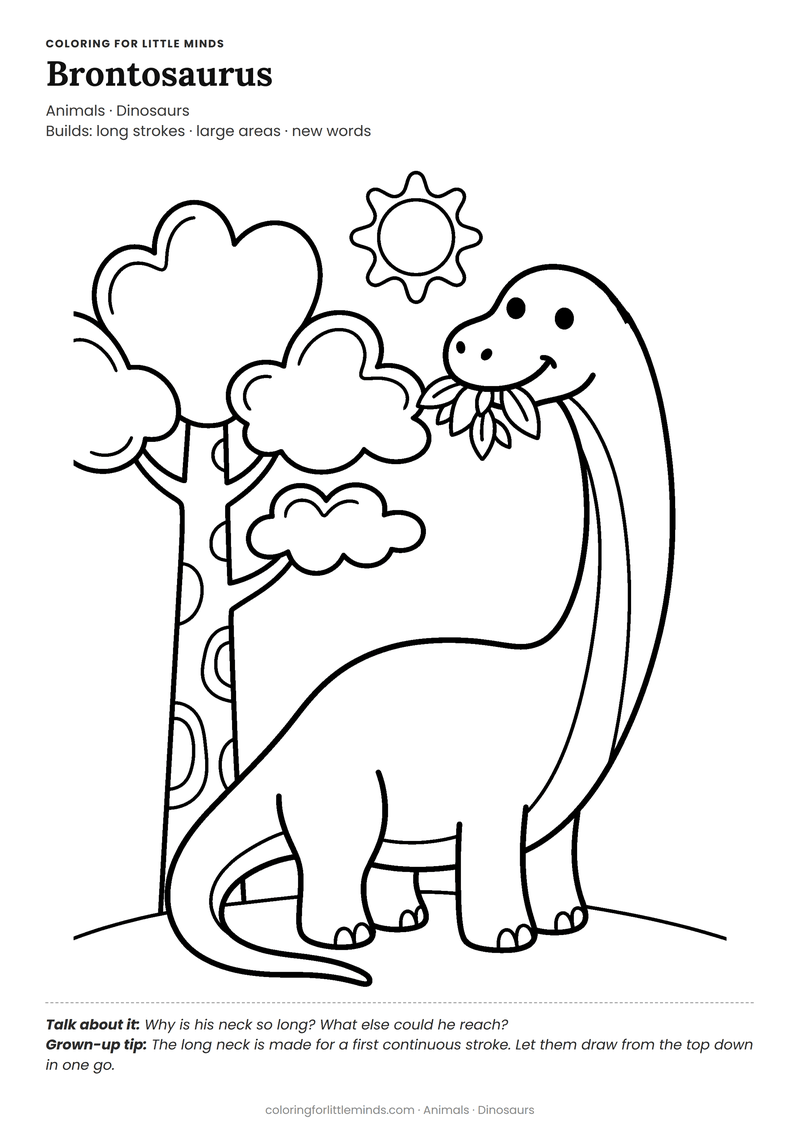 Brontosaurus coloring page for ages 3–4 — free full-size printable PDF