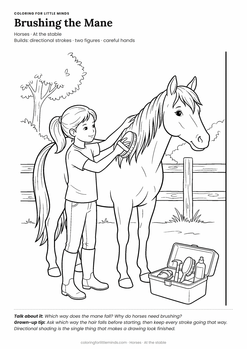 Brushing a horse coloring page for ages 6–8 — free printable preview