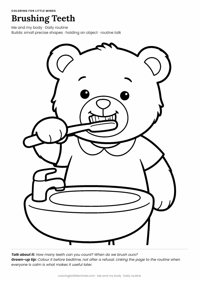 Brushing teeth coloring page for ages 3–4 — free printable preview