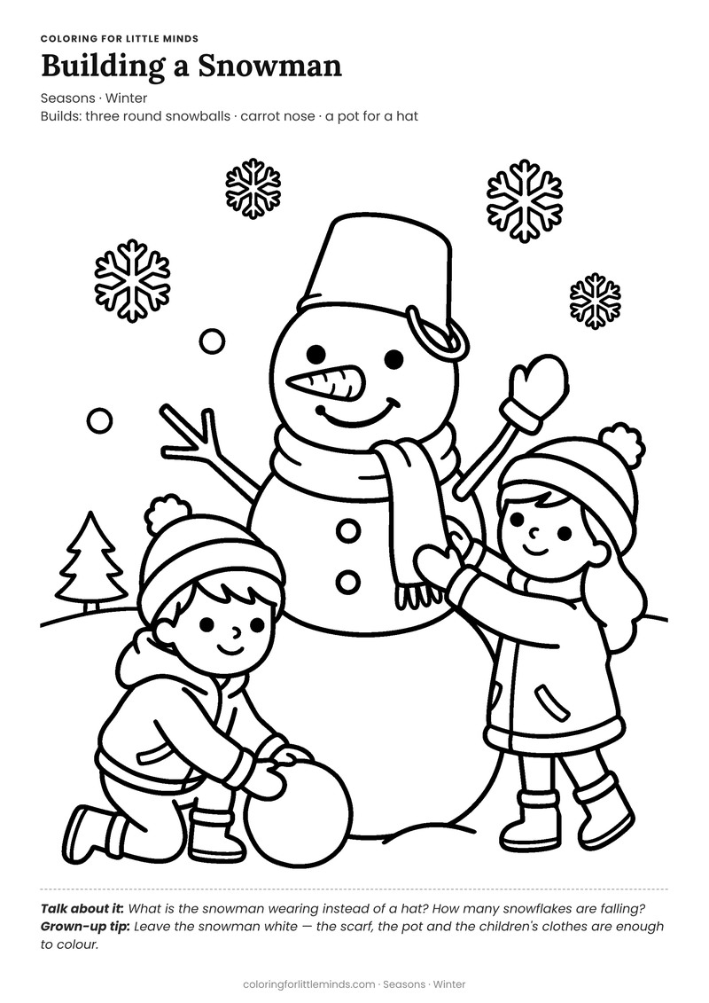 Building a snowman coloring page for ages 4–5 — free full-size printable PDF