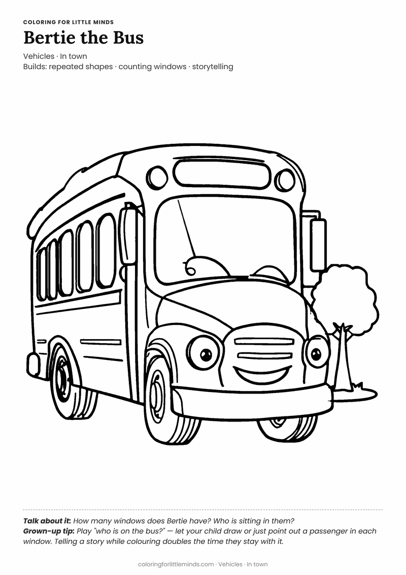 Bus coloring page for ages 3–4 — free printable preview