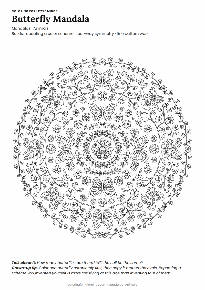 Butterfly mandala coloring page for ages 6–8 — free printable preview