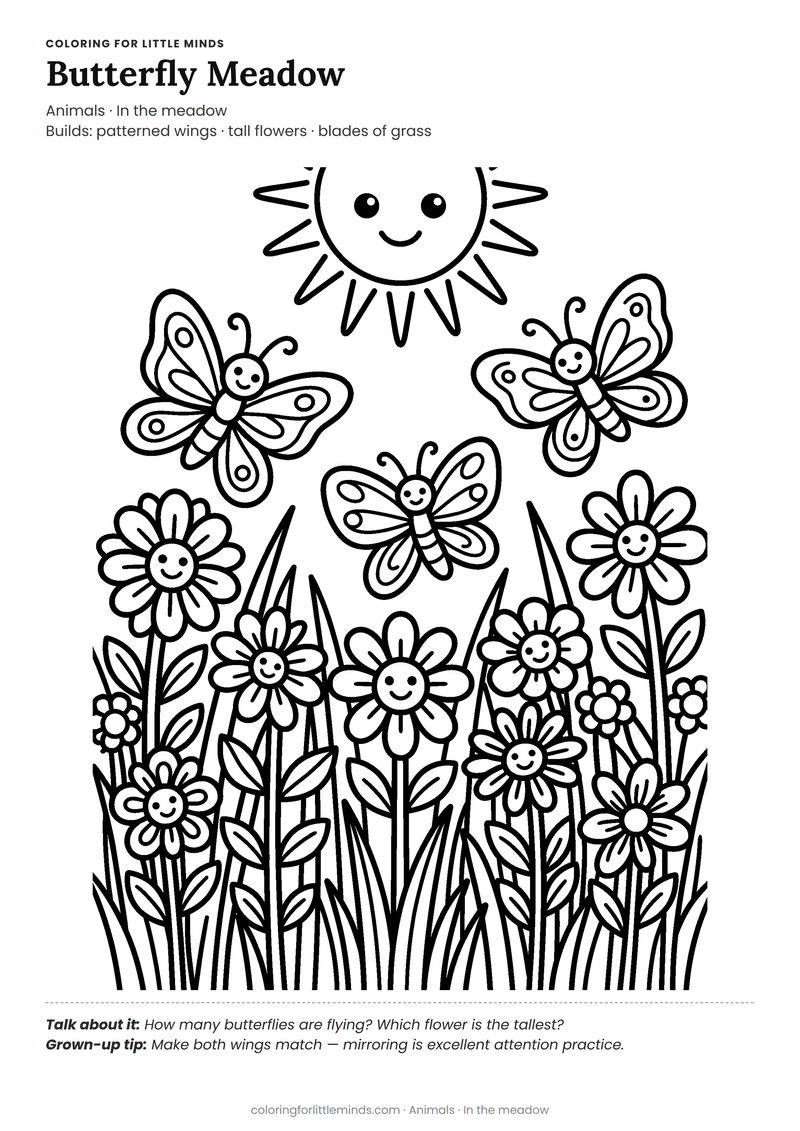 Butterfly meadow coloring page for ages 5–6 — free full-size printable PDF