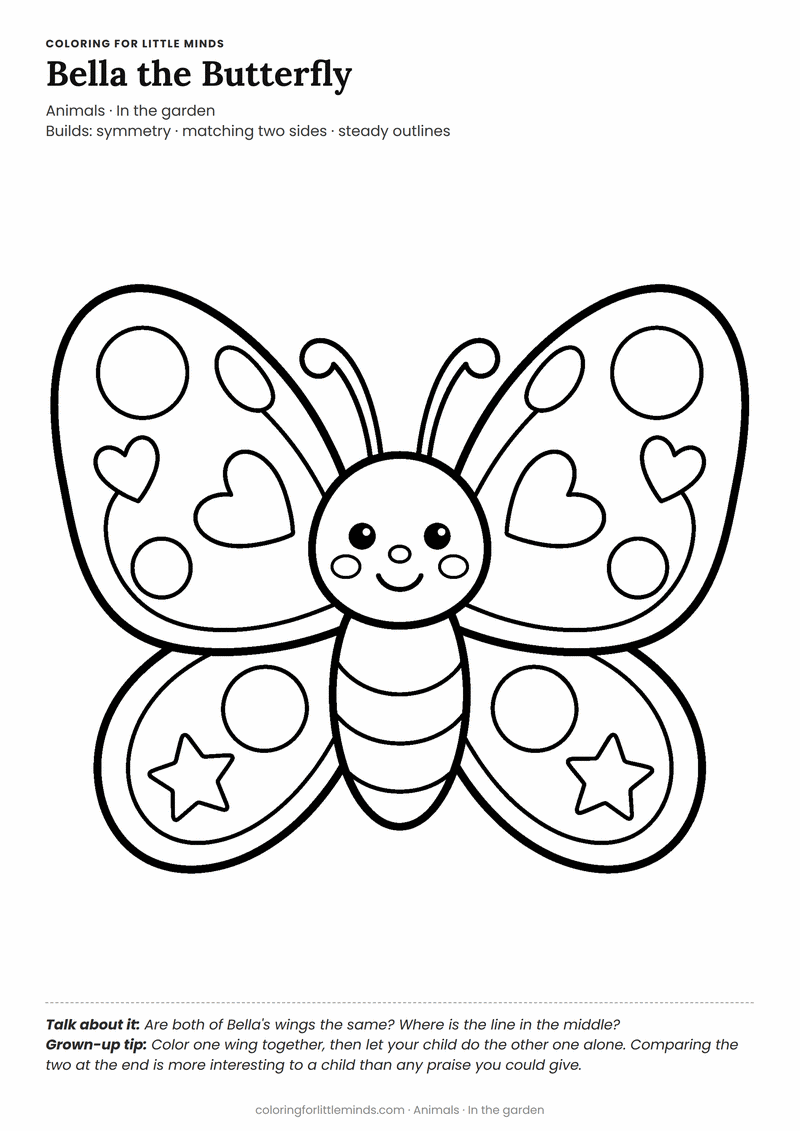 Butterfly coloring page for ages 3–4 — free printable preview