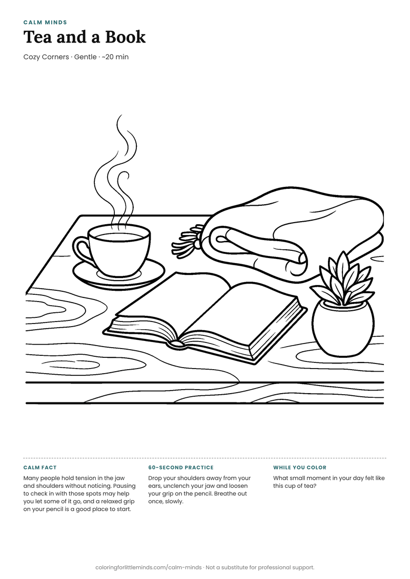 Coloring page: Tea and a Book
