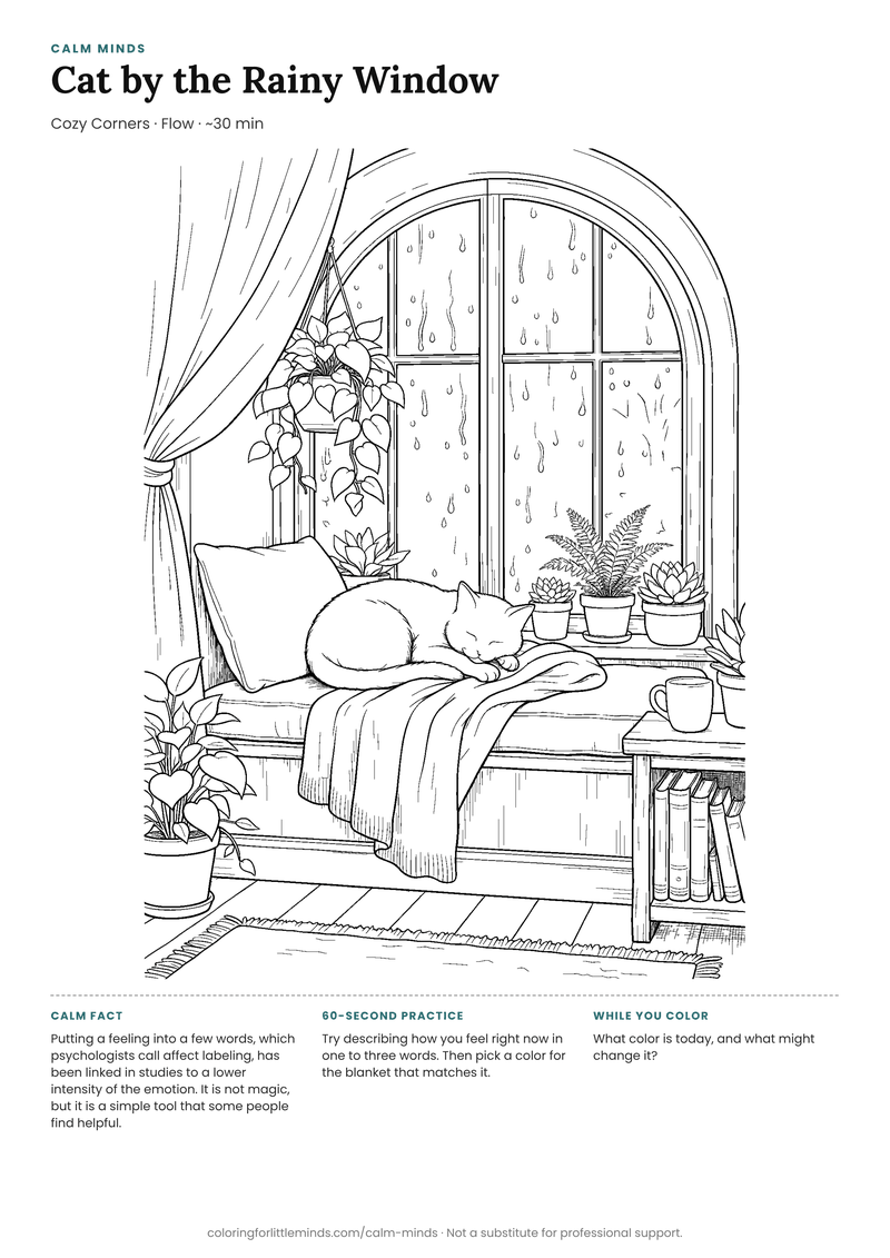 Coloring page: Cat by the Rainy Window