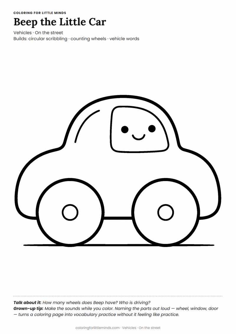 Car coloring page for ages 2–3 — free printable preview