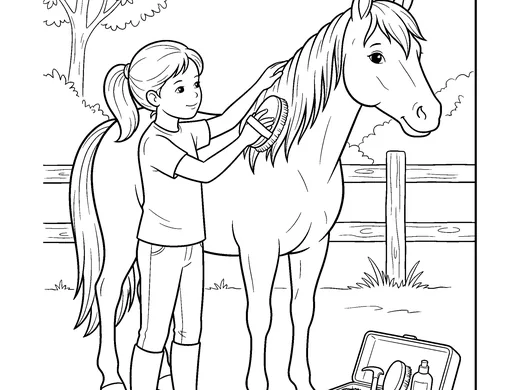 Brushing a horse coloring page — Ages 6–8