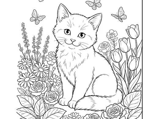 Kitten and flowers coloring page — Ages 6–8