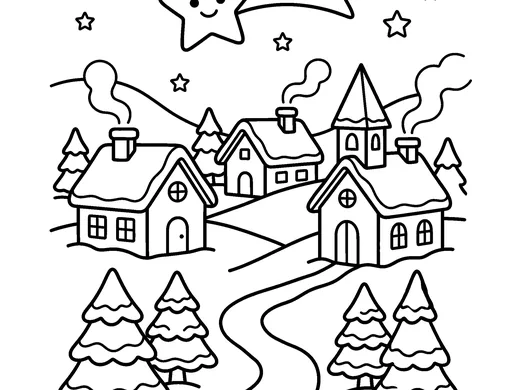 Christmas village coloring page — Ages 5–6