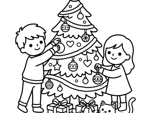 Decorating the christmas tree coloring page — Ages 5–6