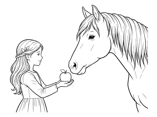 Feeding a horse coloring page — Ages 6–8