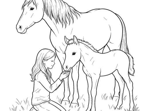 Girl and foal coloring page — Ages 6–8