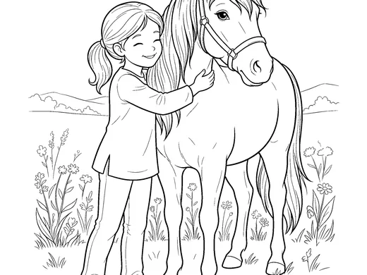 Girl hugging a horse coloring page — Ages 6–8