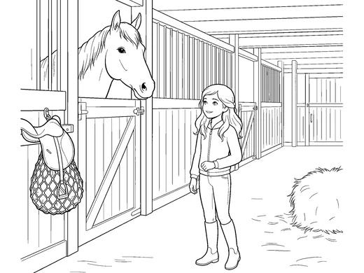 Horse in a stable coloring page — Ages 6–8