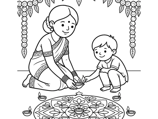 Lighting a diya coloring page — Ages 6–8