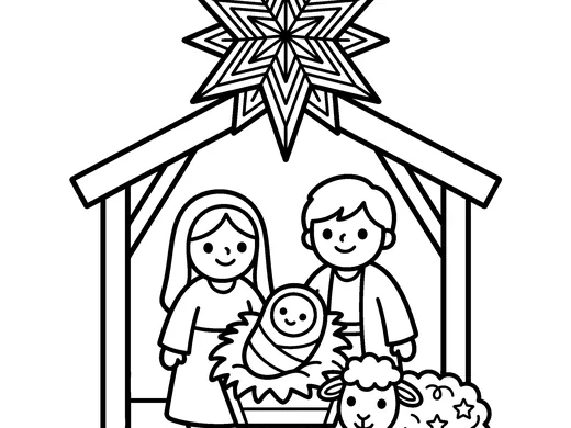 Nativity scene coloring page — Ages 5–6