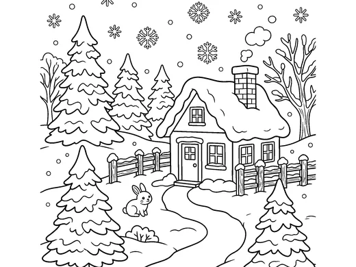Winter landscape coloring page — Ages 6–8