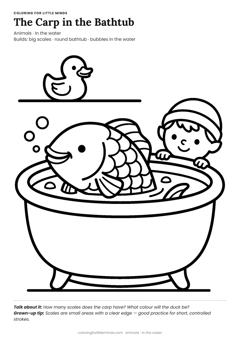Carp in the bathtub coloring page for ages 4–5 — free full-size printable PDF