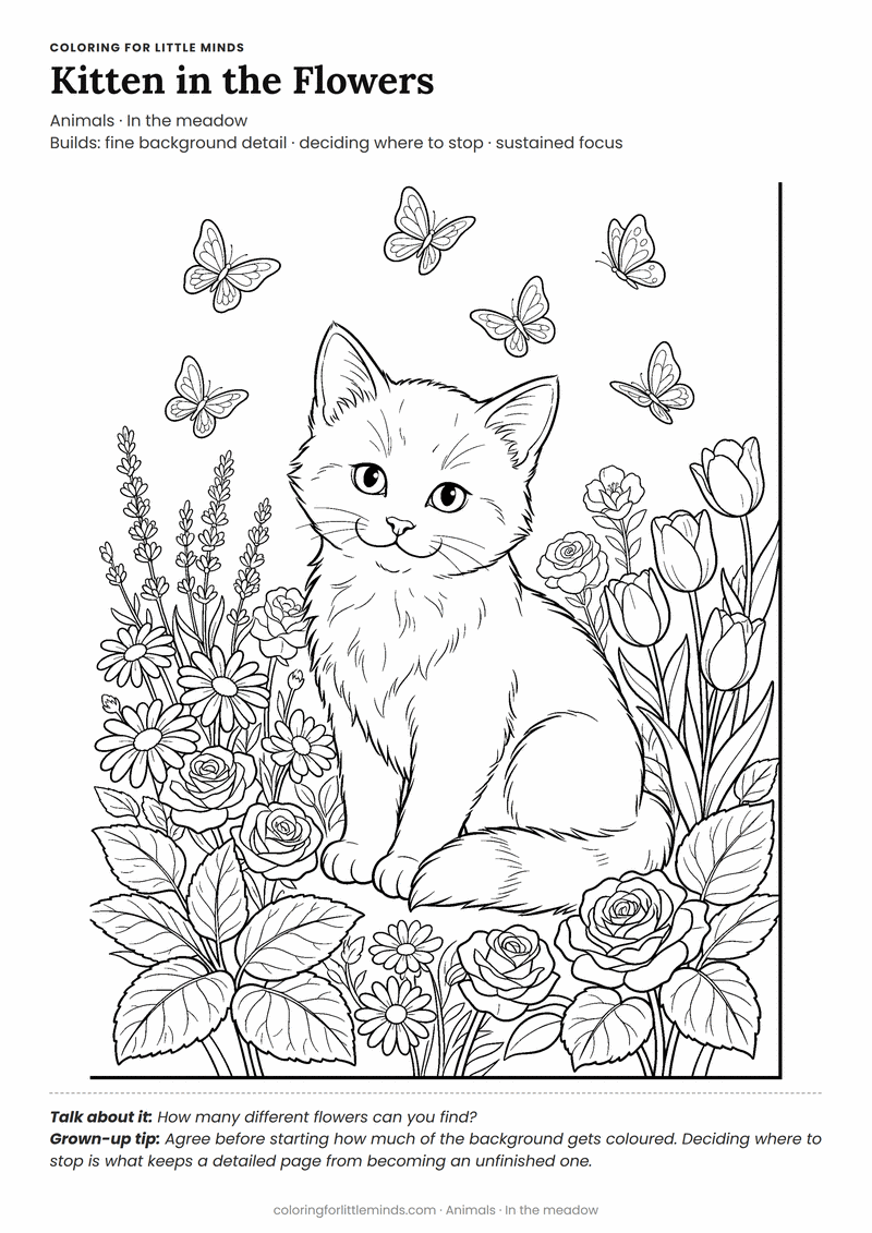 Kitten and flowers coloring page for ages 6–8 — free printable preview
