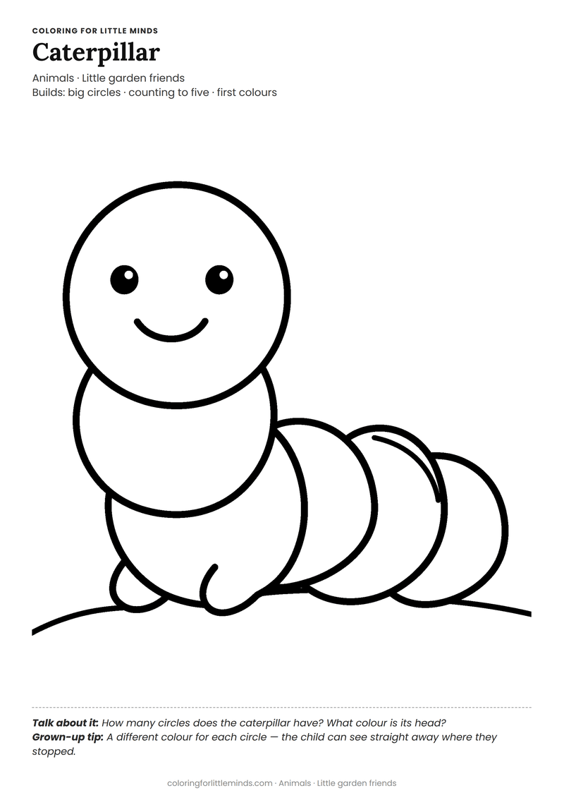 Caterpillar coloring page for ages 2–3 — free full-size printable PDF